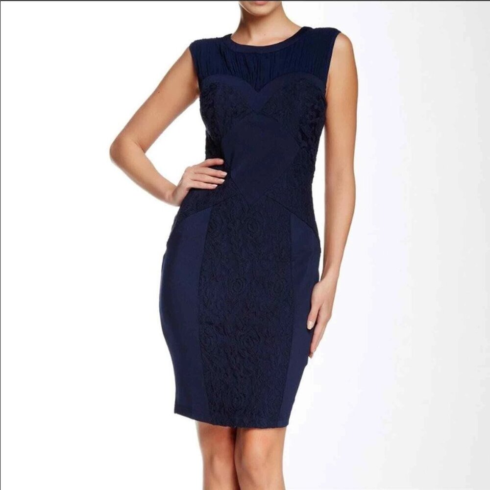 London Dress Company Glenda Lace Sheath Dress Navy Size 6 NWOT